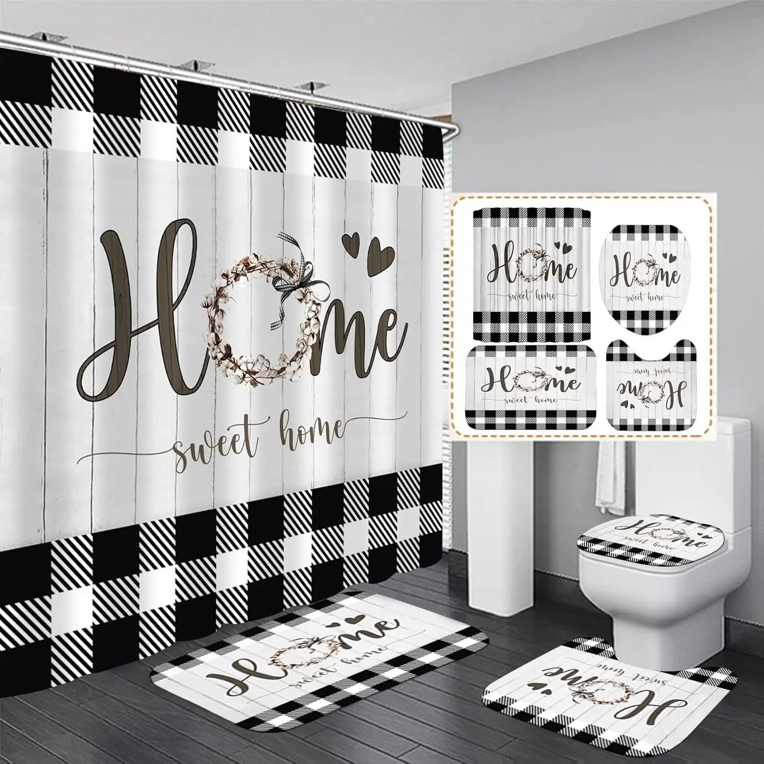 Square Rustic Shower Curtain Set with Mats and Bath Mat for Nostalgic House Bathroom Furniture