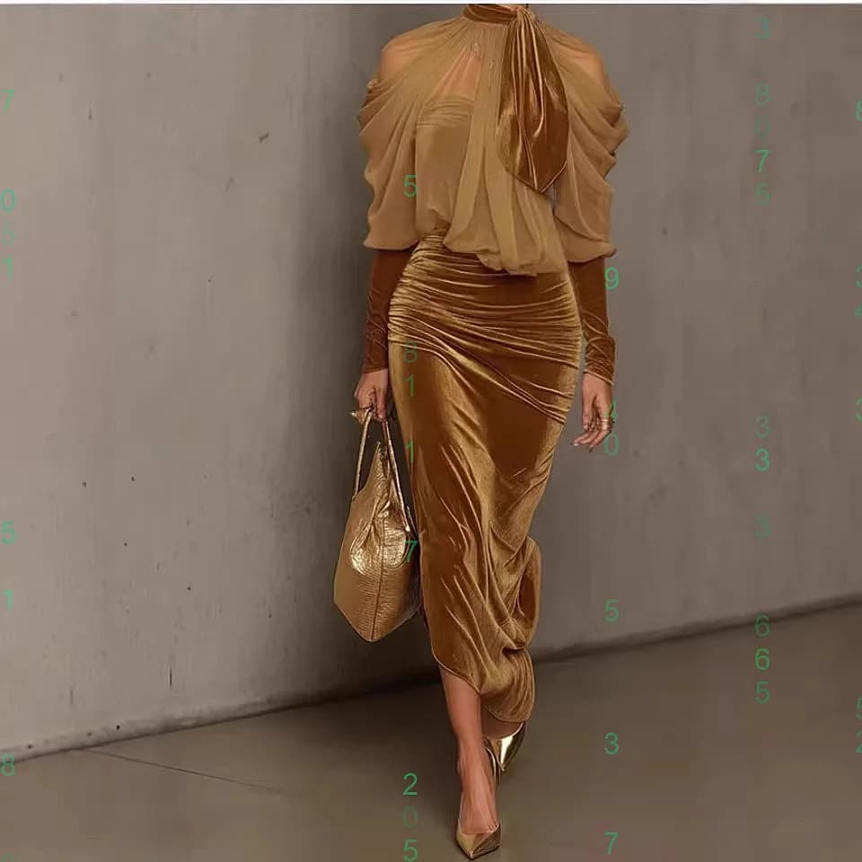 Velvet Bodycon Long Dress Set with Chiffon Blouse Top Matching Set Spring Summer