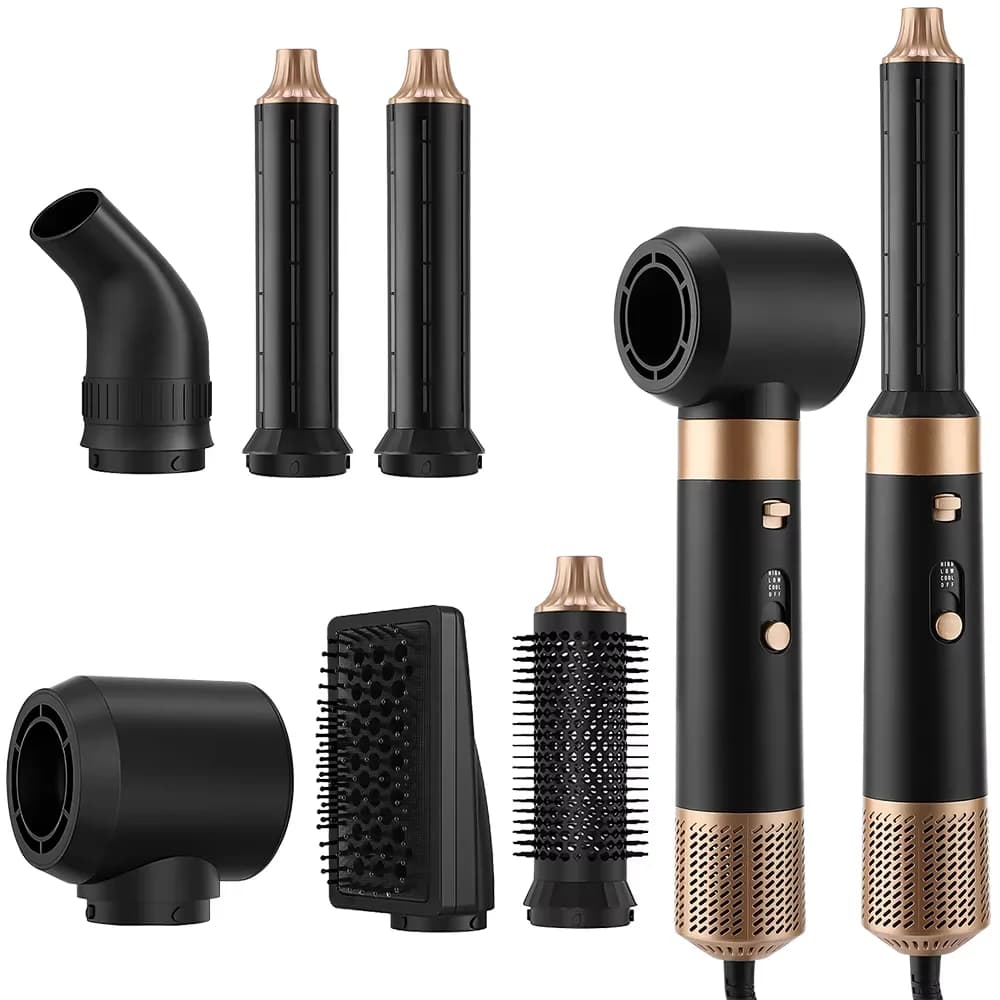 Kit 6 in 1 for Hair Drying and Styling, Professional Hot Air Brush, Iron Hair Dryer and Home Use Straightener