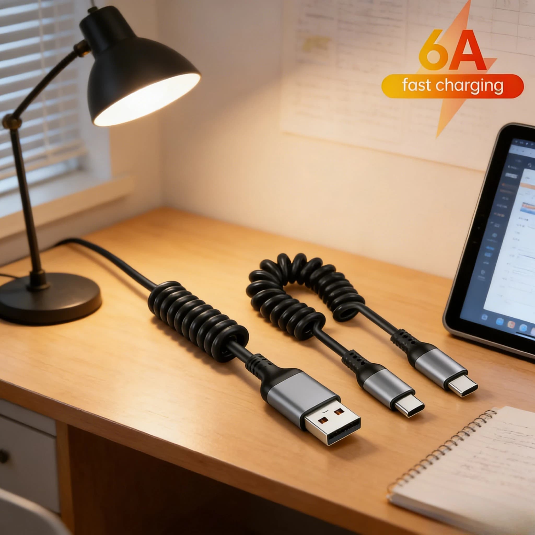 Cavo dati USB Type C da 66W 6A con molla telescopica, caricabatterie per auto USB C a Type C, cavo di ricarica rapida PD per iPhone 15/14/13/12
