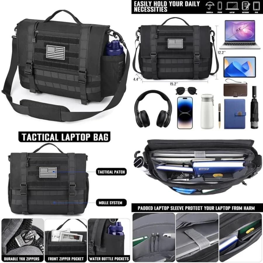 Borsa a Tracolla da Uomo, Ispirata allo Stile Tattico, per Laptop da 15.6 Pollici, Valigetta per Computer, Borsa da Lavoro per Ufficio, con Cerniere YKK, Nera
