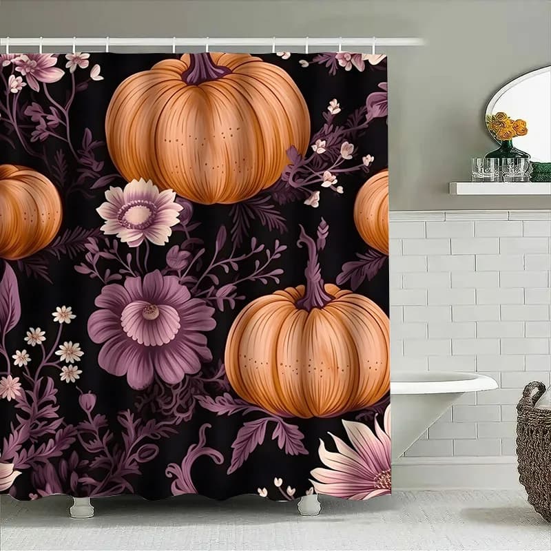 Tuniu Tenda da doccia con zucca floreale autunnale Sfondo scuro con zucche arancioni e design di fiori viola