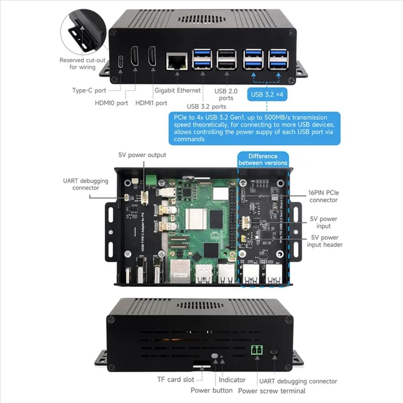 Mini-computer kit all in an exquisite multifunctional designed for Raspberry Pi 5, aluminum alloy housing for Pcie adapter