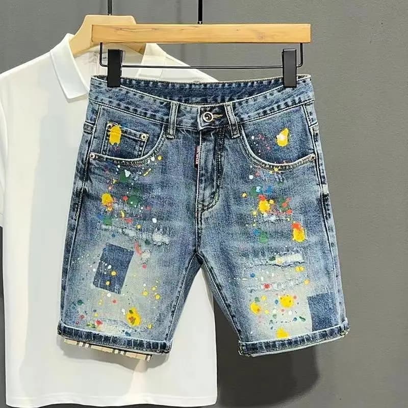 Pantaloni jeans corti da uomo Graffiti Slim Blue Strappati Pantaloncini di jeans maschili Rude Retro Summer Thin Stretch Moda coreana Streetwear Xl