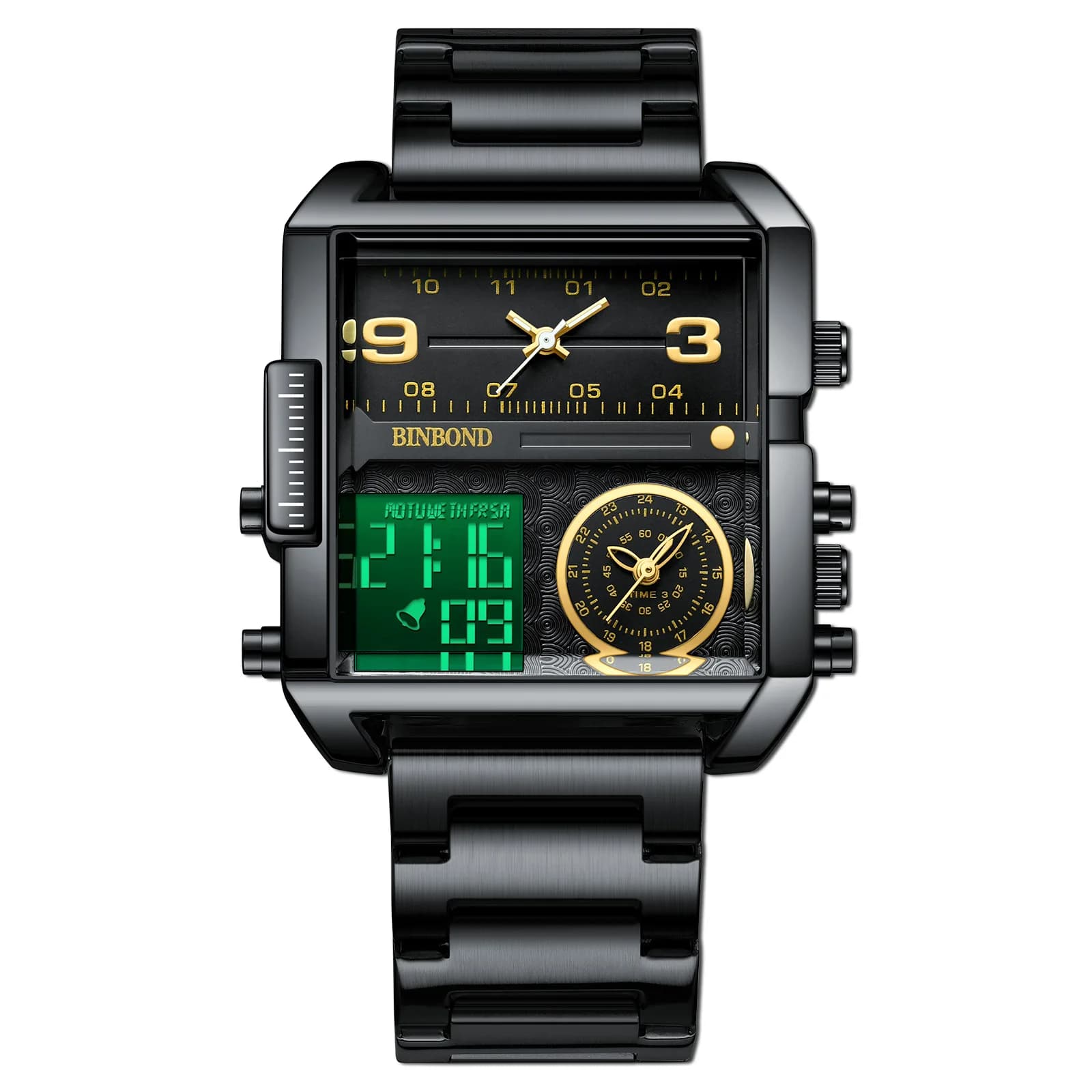 Electronic Watch Men Square LED Stainless Steel Alarm Timing Wristwatch Top Brand Luxury Gold Movement Quartz Sports Clock