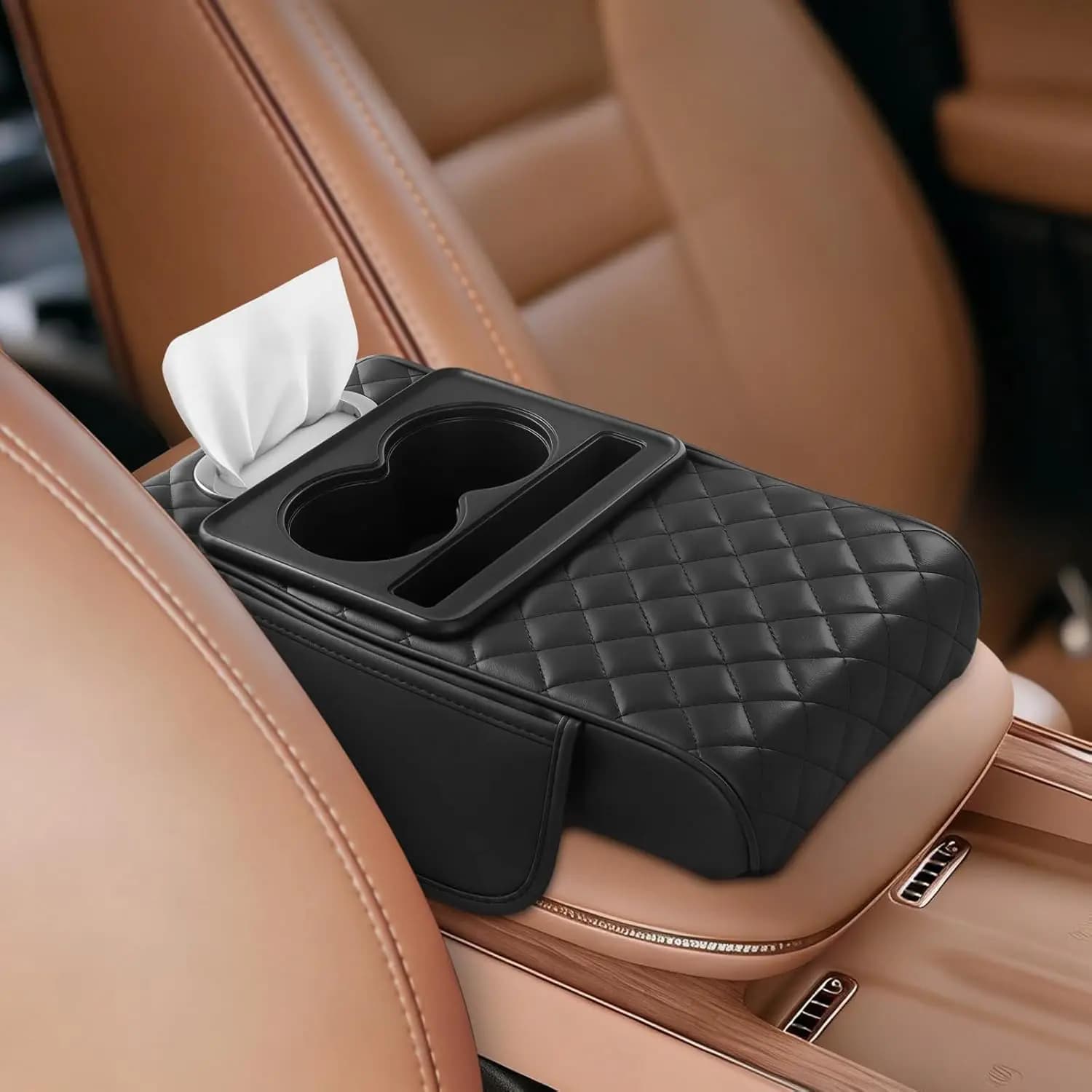 Cuscino per Bracciolo Auto 5-in-1, Universale in Pelle PVC con Portabicchieri, Slot per Telefono e Vano Portaoggetti