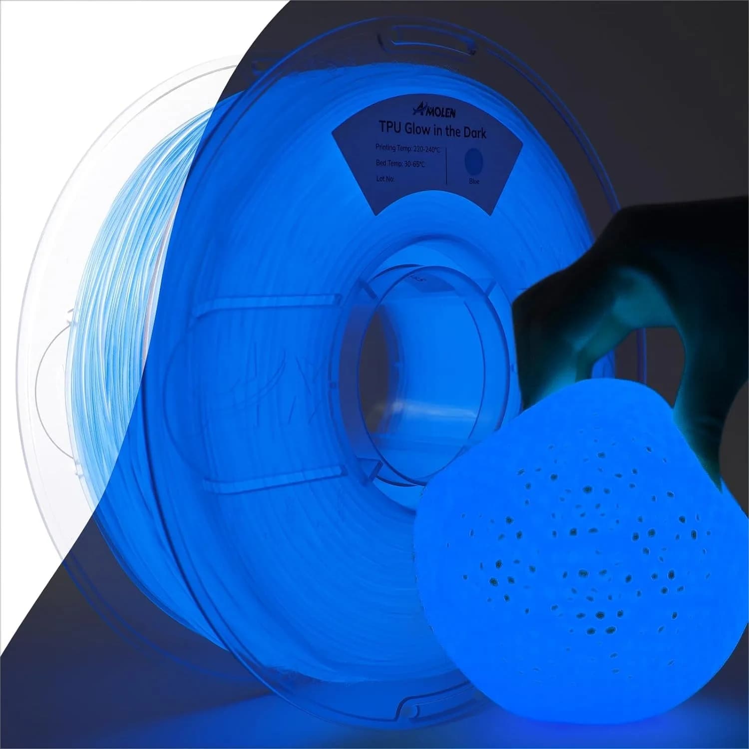 Filamento TPU Flessibile Luminescente 1.75mm, Morbido 95A per Stampanti 3D con Precisione Dimensionale +/- 0.02mm, Anti-intasamento, 1kg