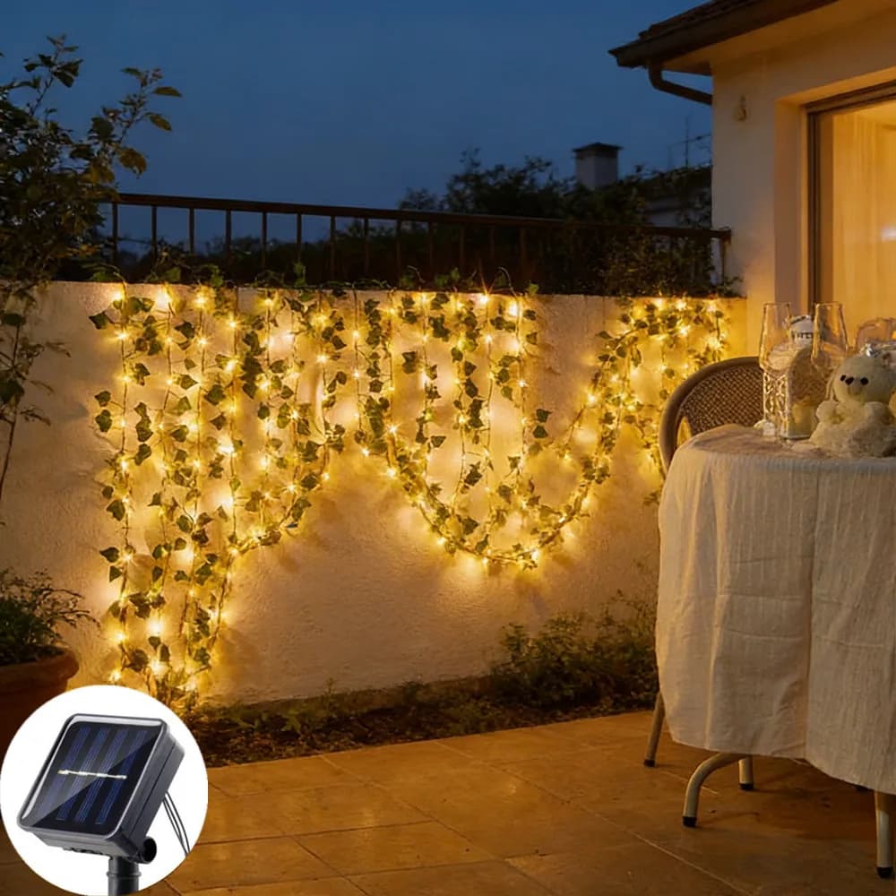 Luci Solari a Festone a LED con Foglie Verdi Artificiali, Ghirlanda Luminosa per Esterni, Giardino, Feste, Matrimoni, Decorazione per Muri e Recinzioni