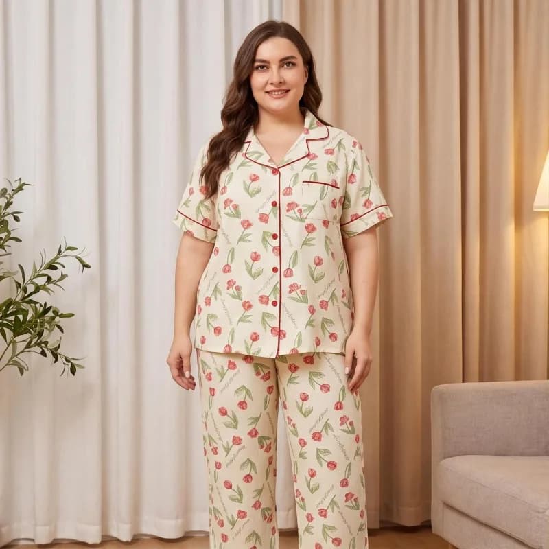 Plus SIze Simple Print Pajamas Set Women Summer Thin Bubble Wrinkle Short-Sleeve Cardigan and Long Pant Homewear Two-Piece Set