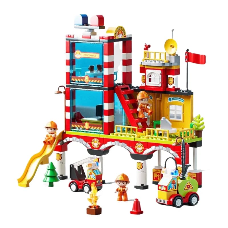 Set di Costruzioni MOC con Blocchi Grandi, Stazione dei Pompieri e Auto della Polizia, Giocattolo Educativo con Scivolo per Bambini e Bambine, Parti Compatibili