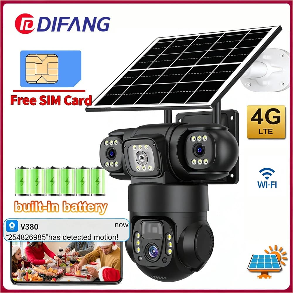 Telecamera di Sicurezza Solare Wireless V380 Pro con Tre Schermi e Tre Obiettivi, 6K, Scheda SIM 4G, CCTV Solare 4G V380, Telecamera IP Solare con Batteria e WiFi