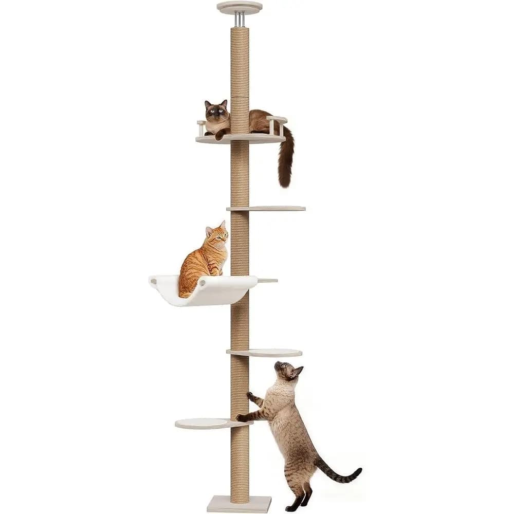Tower for Cats with 5 Levels Adjustable in Height, in Wood, with Platforms Anti-slip, Large Higher Platform, Amaca in Plush and Tiragraffi in Corda di Iuta