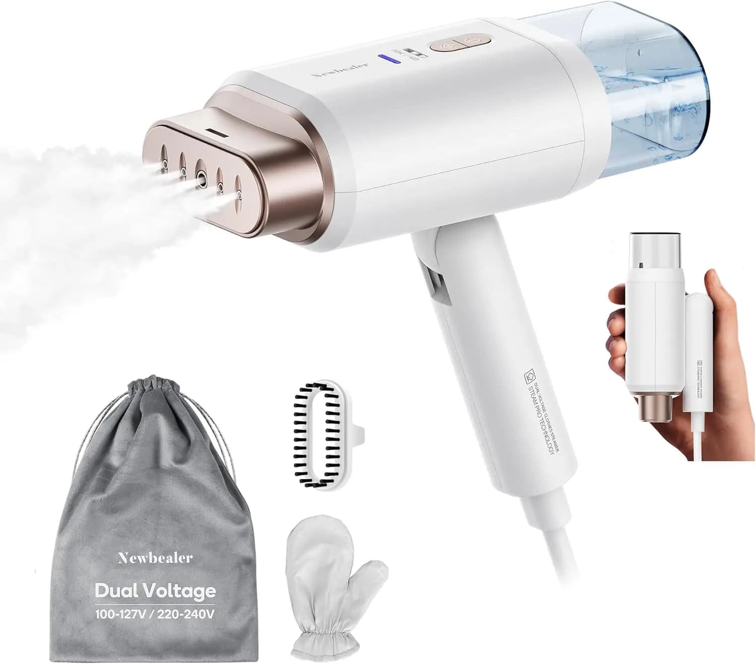 Vaporizzatore da Viaggio Professionale, 1200W Doppio Voltaggio, Riscaldamento Rapido per Vestiti, Pieghevole e Leggero
