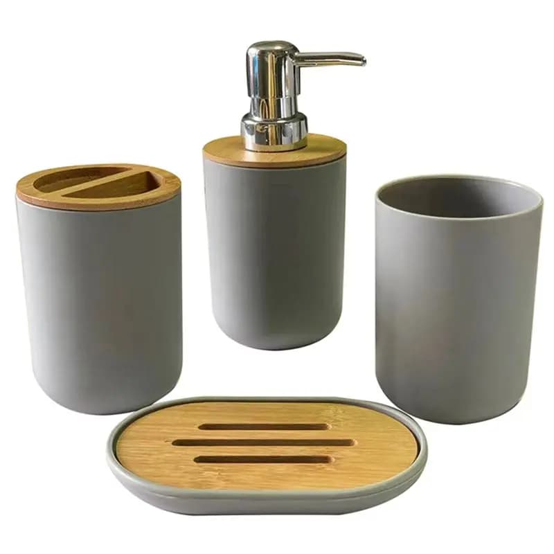 AS60-2X Bathroom Accessories Set Soap Dispenser Bottle Dish Washroom Toothbrush Holder Cup Suit Gray