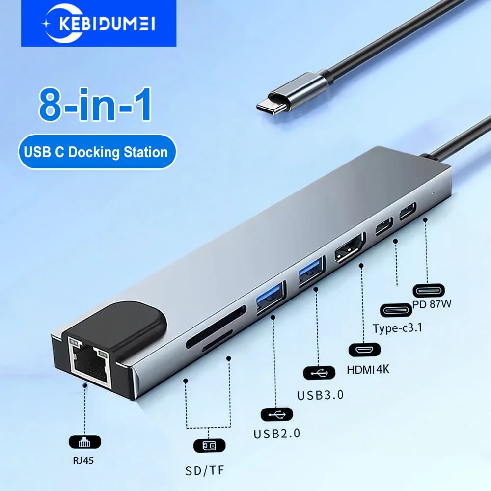 USB Hub C 8 in 1 Type C HDMI Adapter from 3.1 to 4K Docking station USB 3.0 Type C Splitter with SD/TF card reader RJ45 PD for laptop
