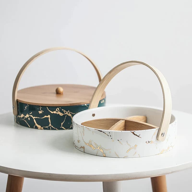Piatto per snack alla frutta Stile nordico Soggiorno moderno Cestino rotondo in ceramica per la casa con piatto essiccato con cornice di copertura