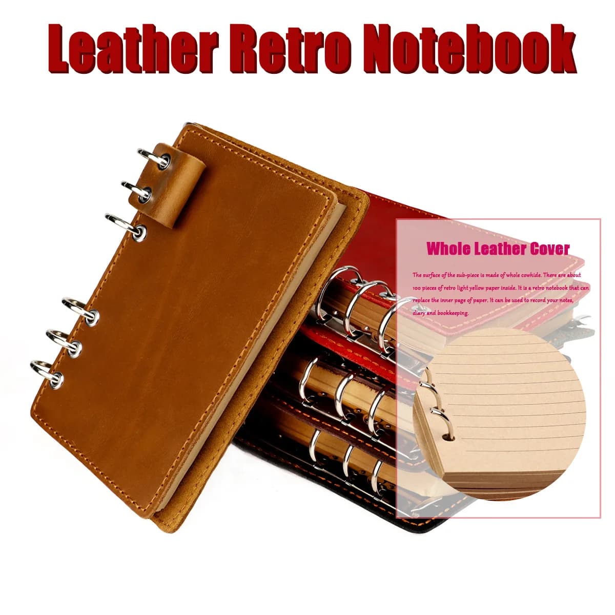 New Refillable Cowhide Leather Binder Notebook, Reusable Leather Journal, Vintage Organizer with 6-Ring Metal Binder, 80 Pages