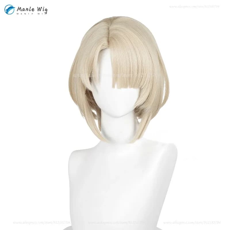 Freminet Cosplay 30 cm Parrucche sintetiche resistenti al calore per capelli corti dorati chiari Halloween + cappuccio per parrucca