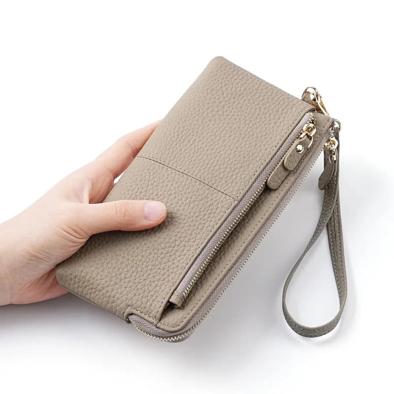 Portafoglio da Donna in Vera Pelle con Texture Litchi, Tre Cerniere, Borsa Multifunzione per Telefono, Cinturino da Polso Staccabile, Portamonete per Signore