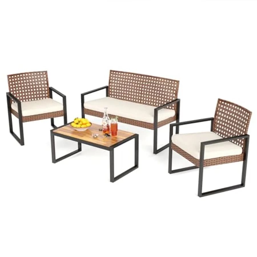 Set di Mobili da Giardino in Vimini per 4 Persone, Divanetto in Rattan Marrone con Cuscini Beige, Tavolino in Legno di Acacia per Conversazione all'Aperto