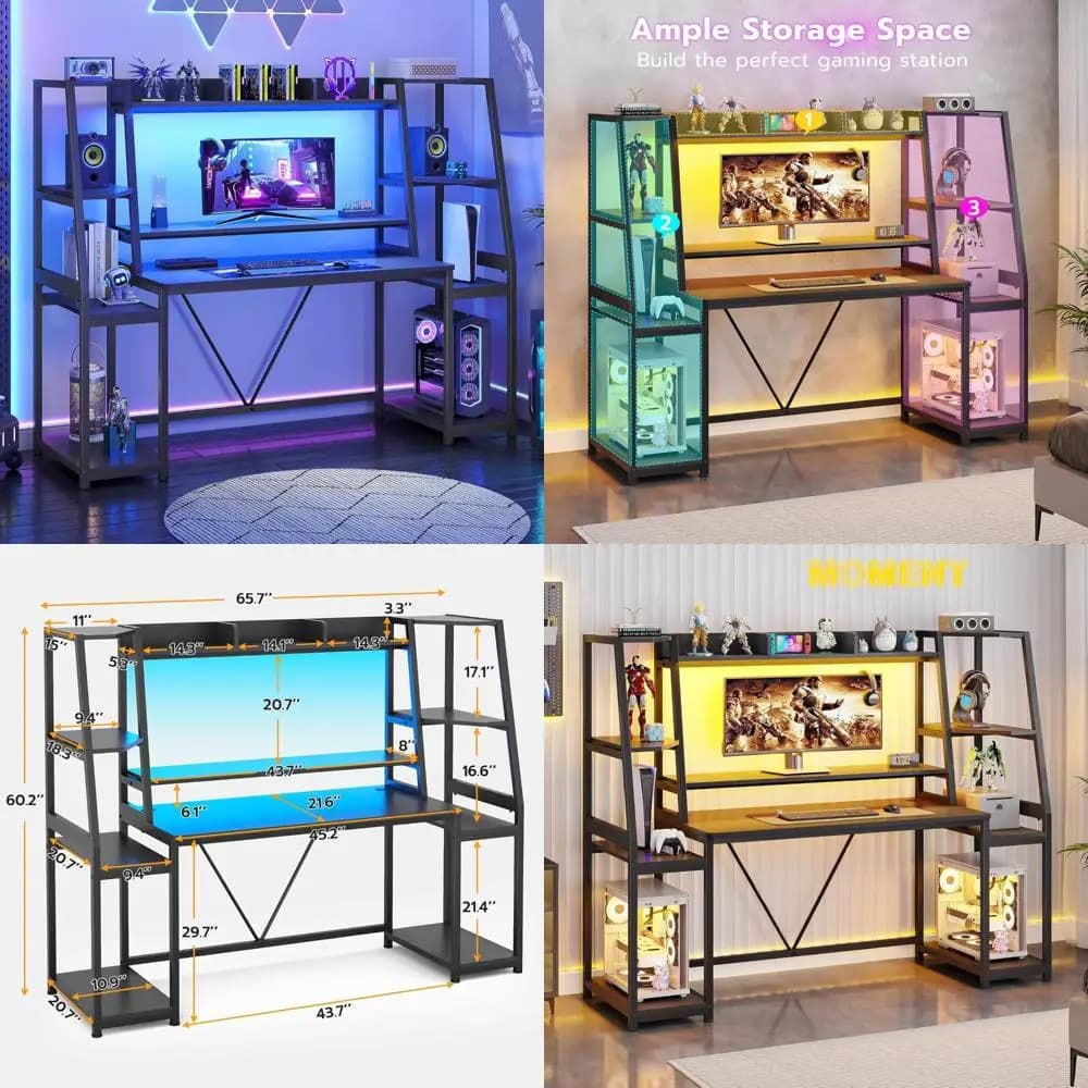 Large gaming desk with LED lights, cage and storage shelves, 65.7 inch computer desk for PC players with monitor support
