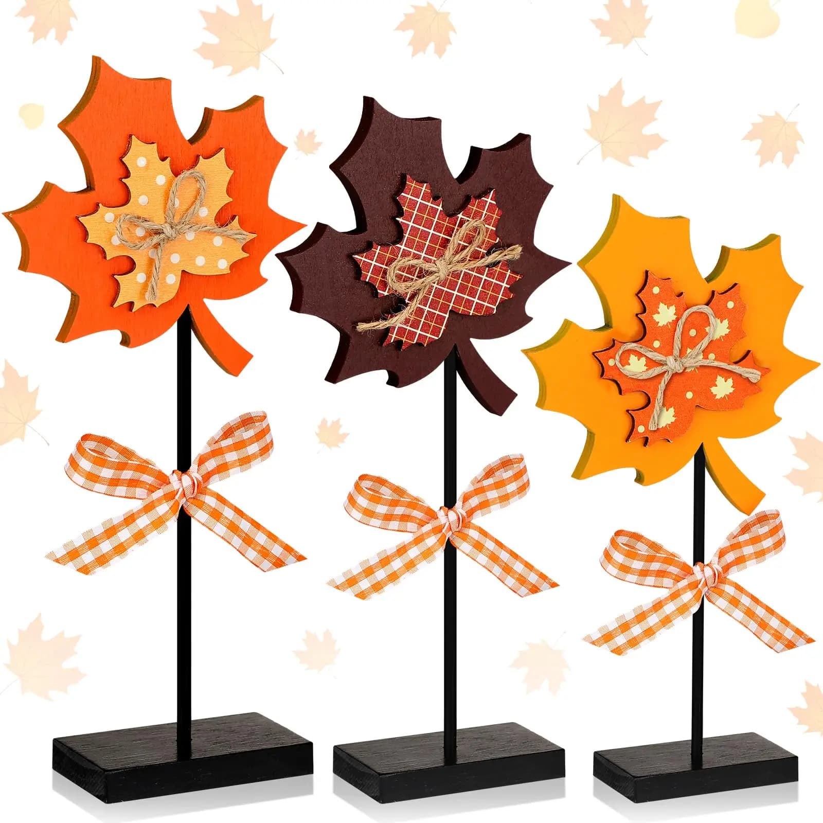 3 Pieces Large Fall Maple Leave Wooden Tabletop Sign Maple Leave Tall Standing Wooden Block Autumn Thanksgiving Table Sign for Fall Thanksgiving Tiered Tray Home Desk Office Party Decoration