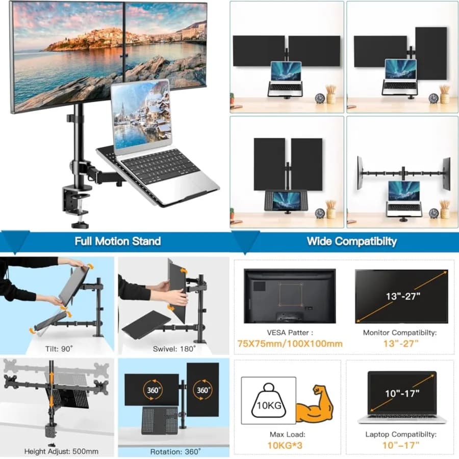 Supporto per Laptop, Supporto per Doppio Monitor Regolabile in Altezza con Vassoio per Tastiera, Adatto per Due Schermi Piatti o Curvi da 13 a 27 Pollici