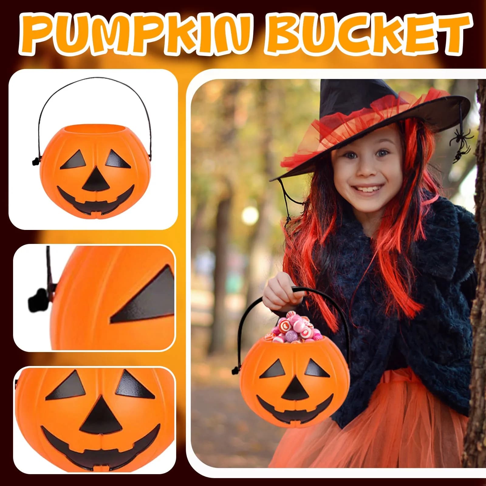 Halloween Pumpkin Treat Handle Bucket Trick Orange Triangular Eyes Cap Face Kids Holiday Festive Container Party Decoration 2026
