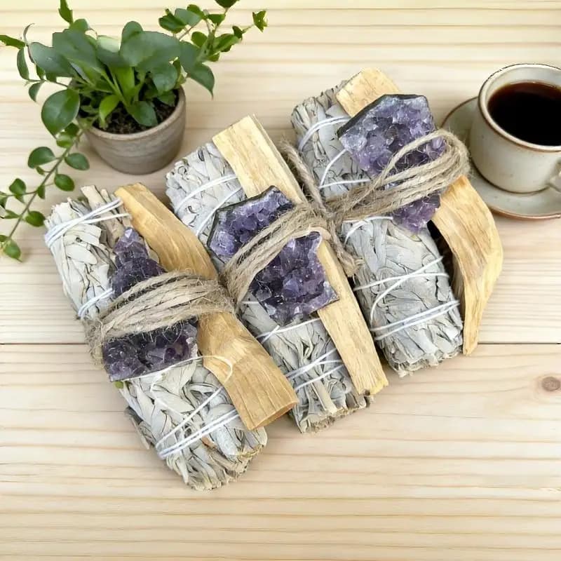 Natural Sage Holy Wood Smudge Bundle Set with Raw Amethyst Cluster Ornament, Dual Indoor Outdoor Aromatherapy Decor Kit, Multi Holiday Thoughtful Gift for thanksgiving Valentine Birthday Anniversary Crystal & Herb Lovers #SummerWins #DealsForYouDays