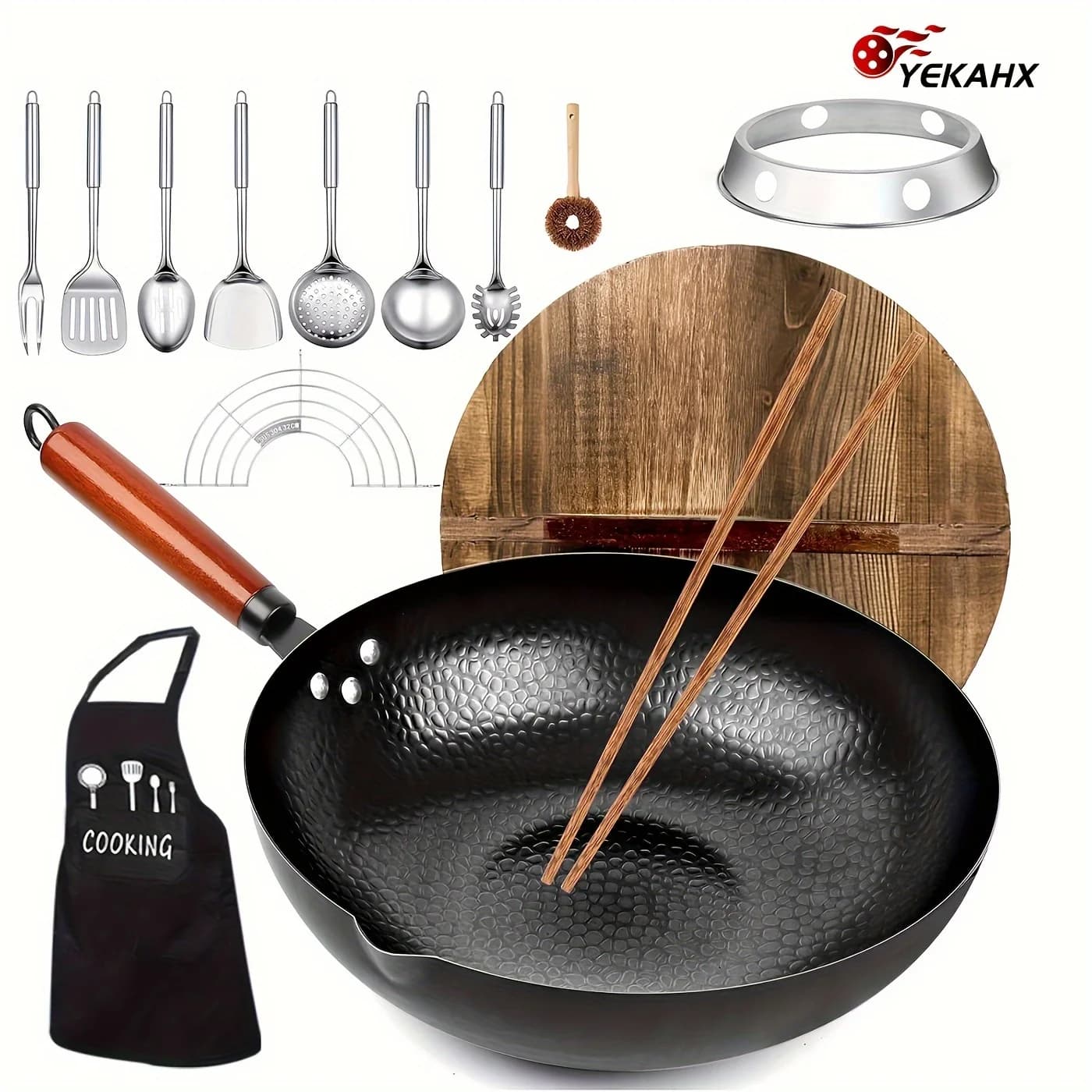 1 set di wok con coperchio - padella antiaderente in ghisa da 12,6 pollici | Adatto a tutti i tipi di fornelli, inclusi 13 accessori per pentole