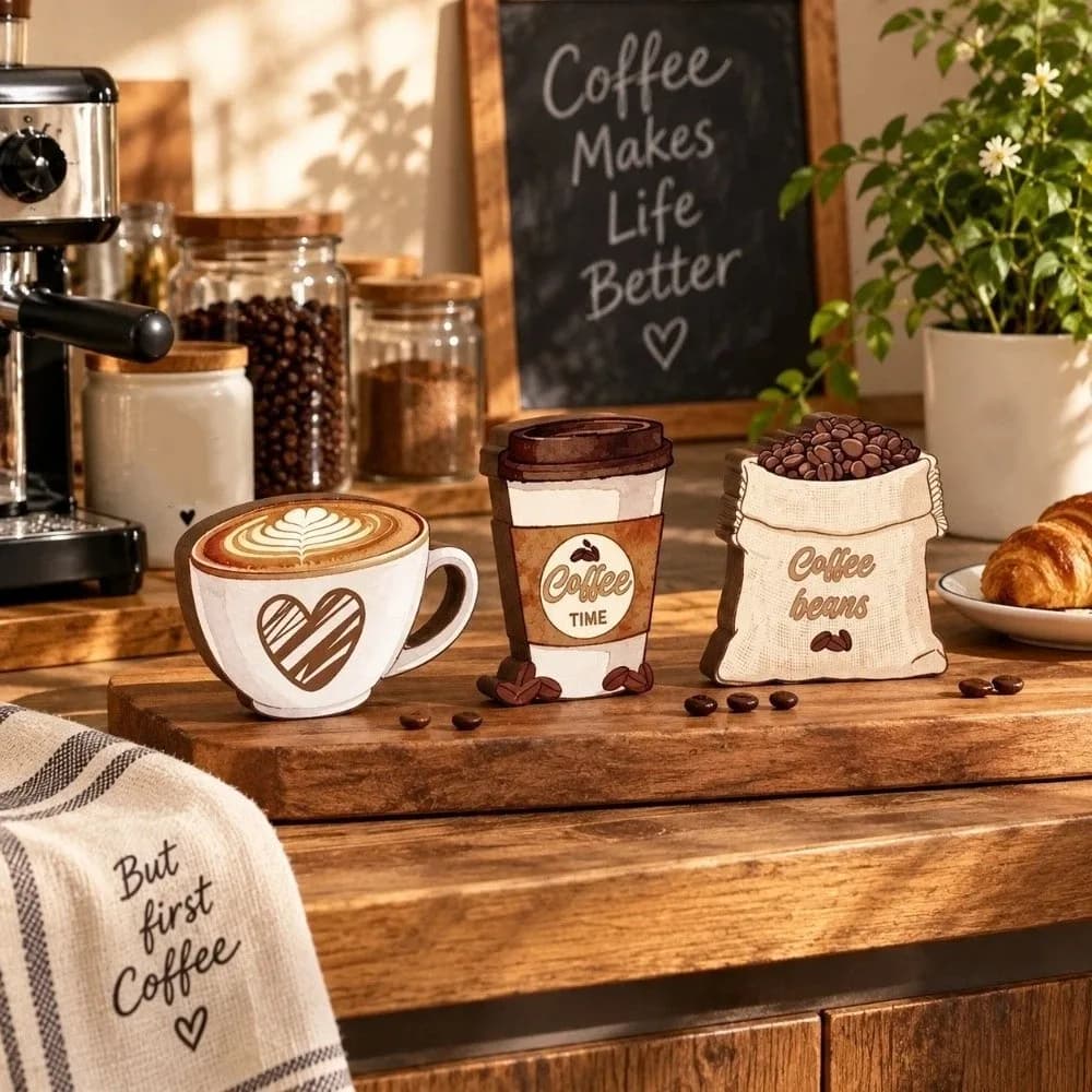 3 pcs Country style Desktop Ornament Coffee Cup Retro Decorative Wooden Board Coffee Beans Home Decoration