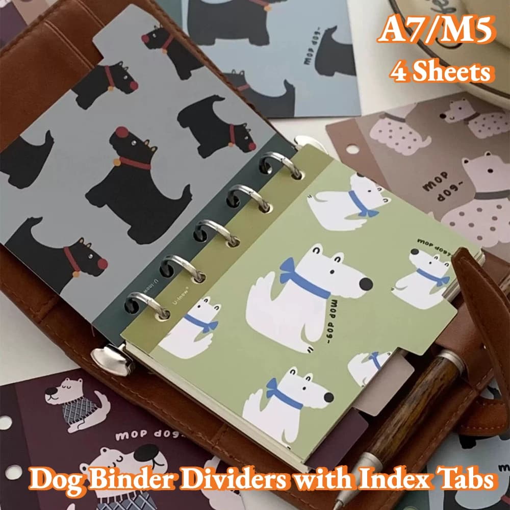 4 Sheets A7 M5 Cute Cartoon Dog 6 Hole Binder Dividers Morandi Color Index Tabs Page Separators for Journal Planner Notebook