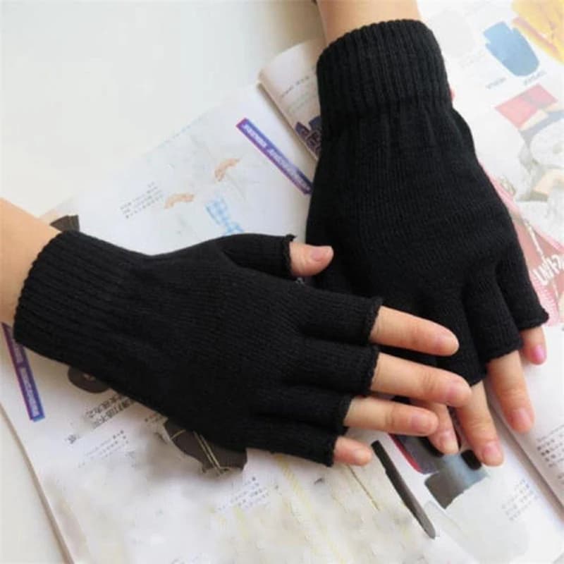 （Summer6）1 paio di guanti unisex neri senza dita per donna e uomo, guanti da lavoro invernali caldi in cotone lavorato a maglia con polsino in lana