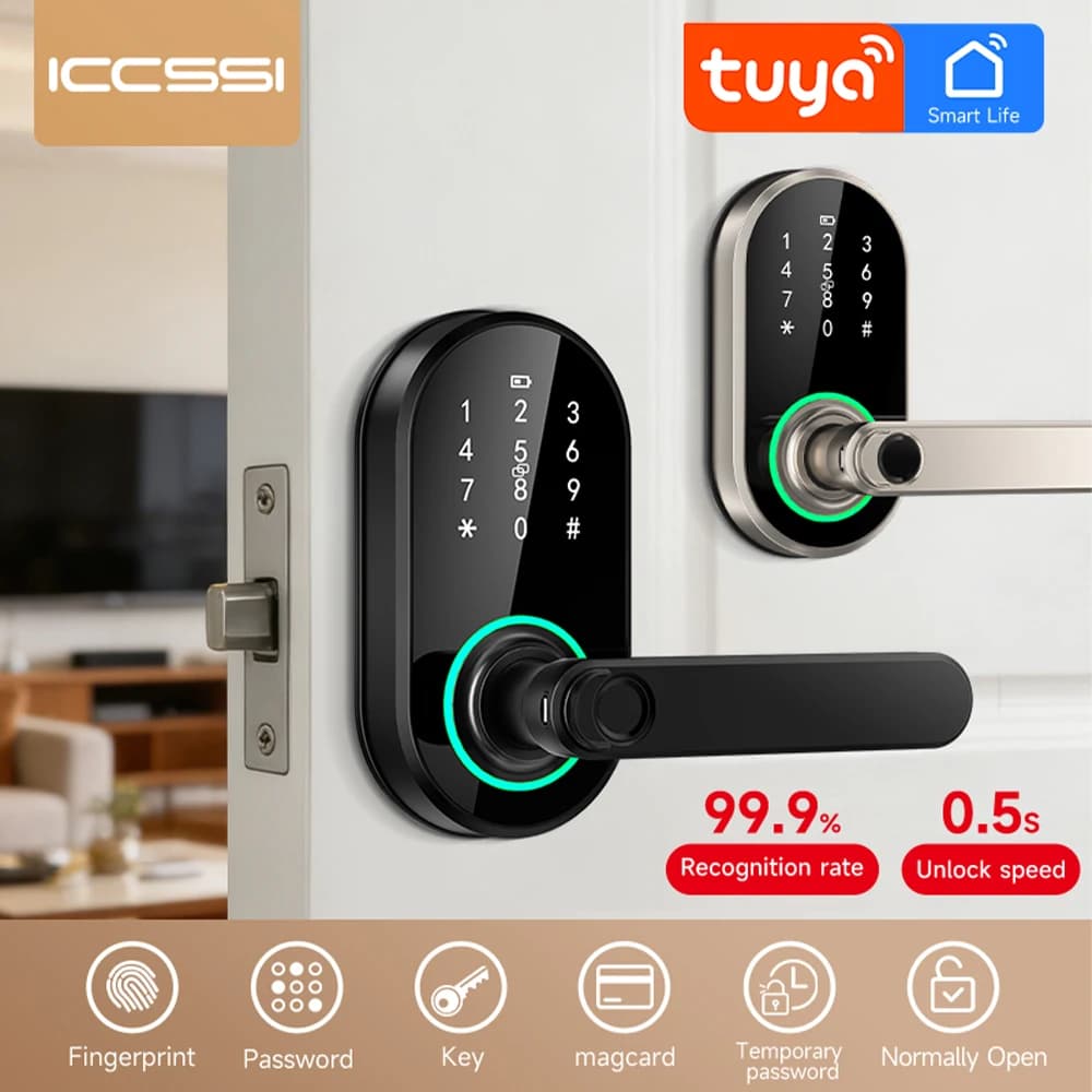 Serratura intelligente con impronta digitale, password, scheda IC, sblocco remoto Tuya e chiave meccanica, ideale per casa e ufficio.
