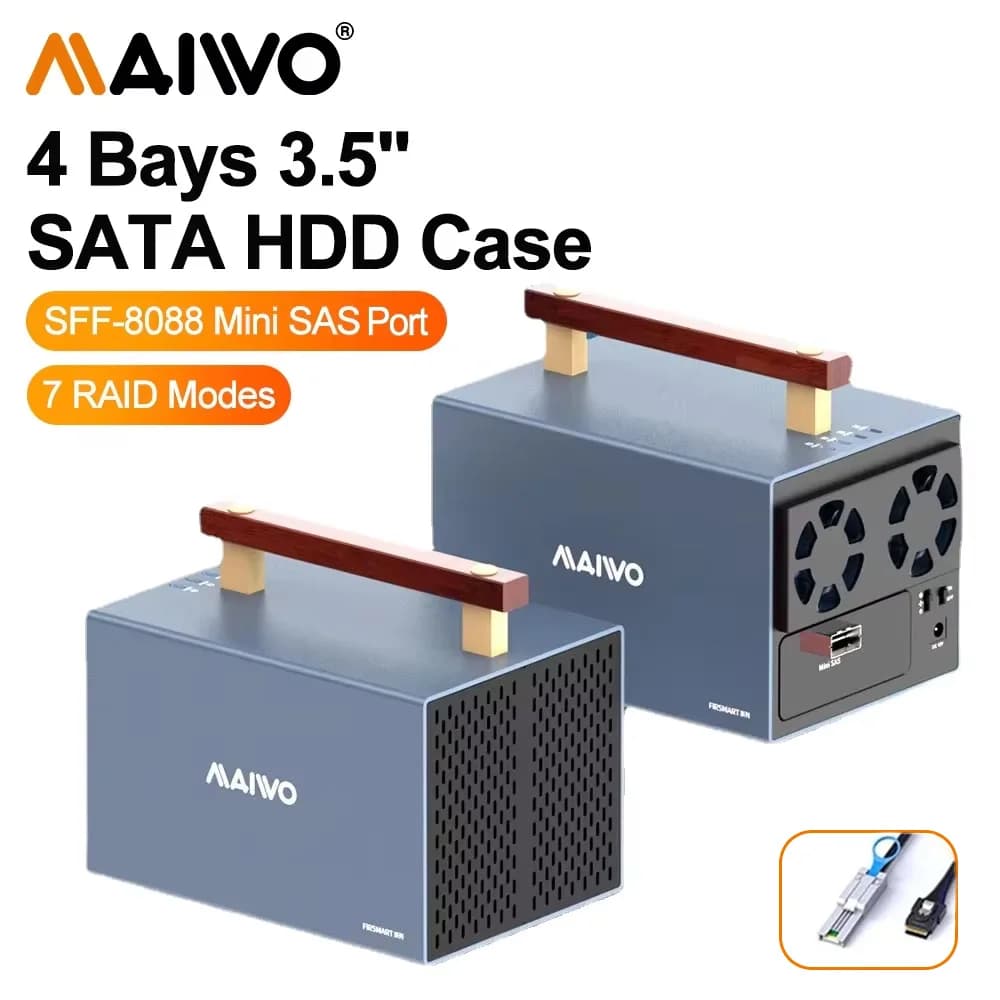 MAIWO Custodia per HDD SATA da 3,5 pollici mini SAS a SFF-8088 in alluminio a 4 alloggiamenti con HDD per armadio di archiviazione esterno per disco rigido RAID