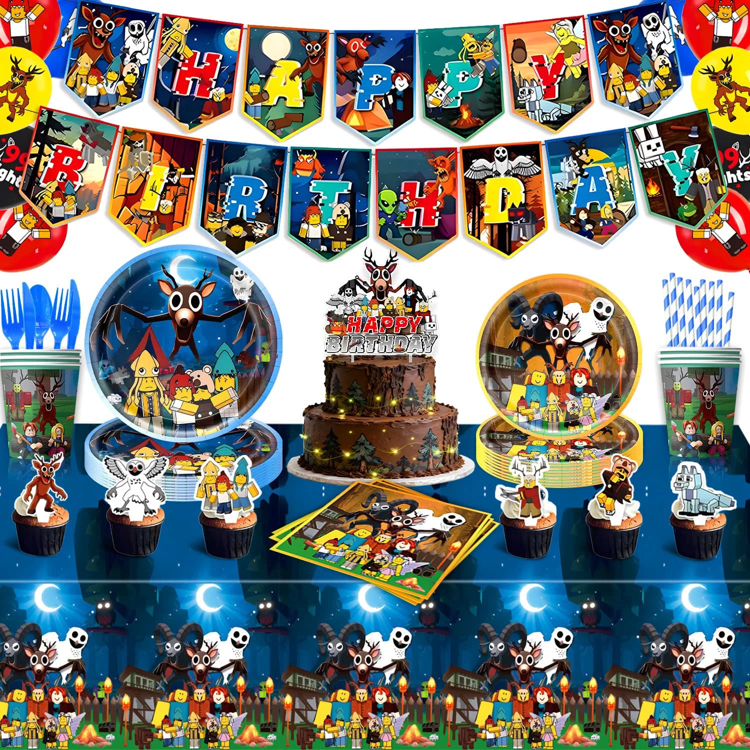 99 Night in the Forest Theme Game Birthday Party Disposable Paper Tray Paper Glass Banner Decoration Owl Deer Baby Toy Gift