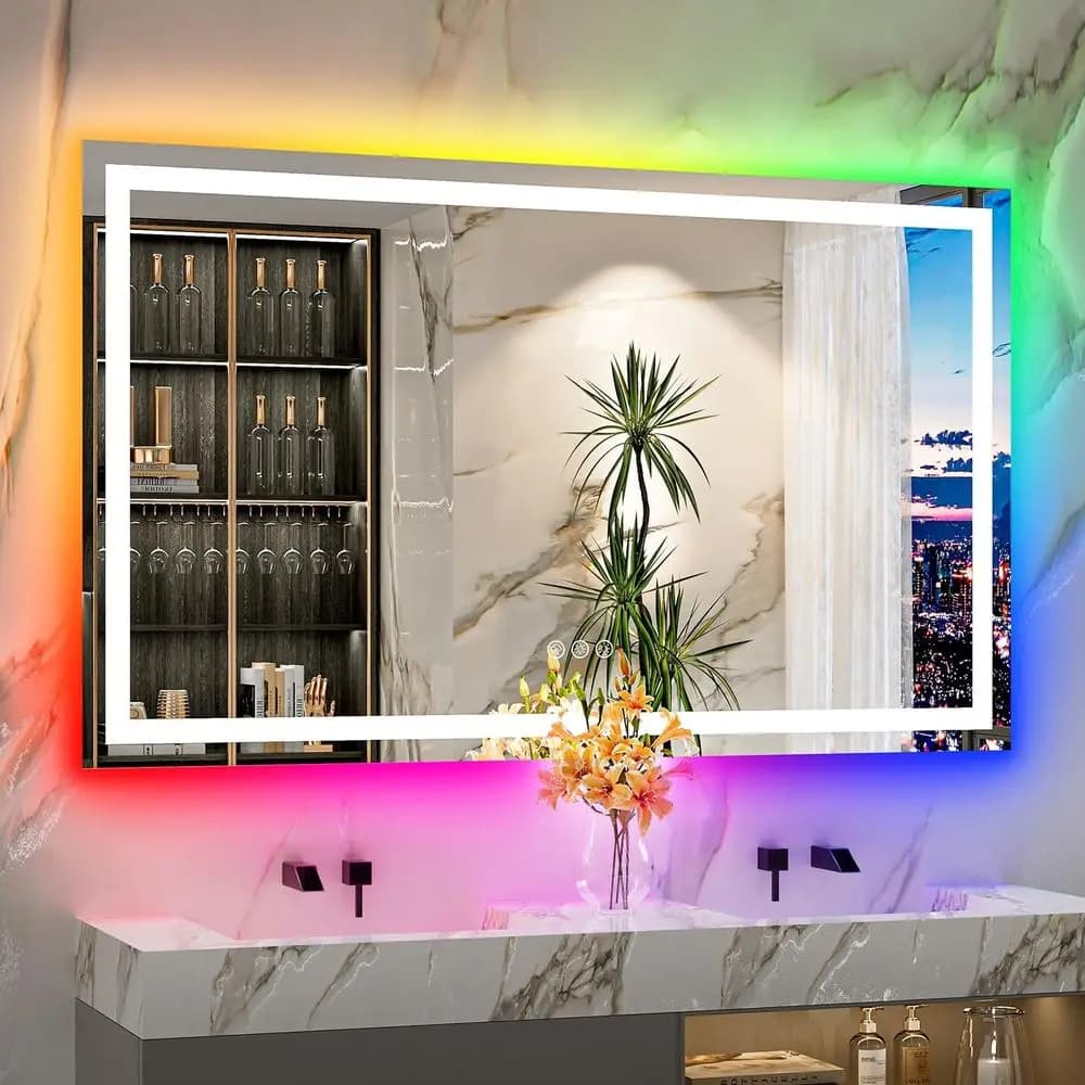 Luce frontale per specchio da bagno a LED RGB da 60x36 pollici e specchio cosmetico illuminato retroilluminato RGB per bagno montato a parete dimmerabile antiappannamento