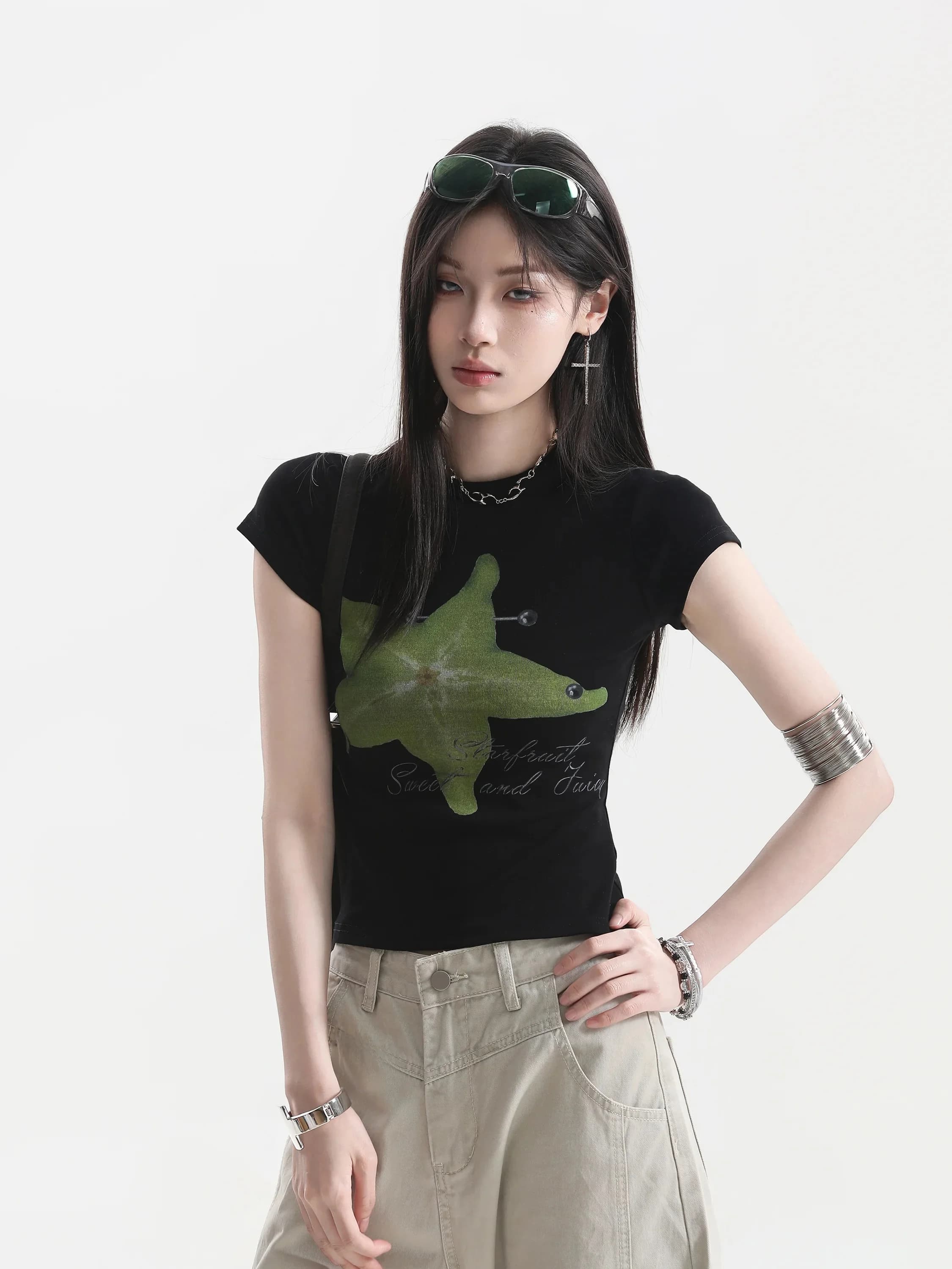 T-shirt Estiva da Donna Slim Fit a Maniche Corte con Stampa Yang Tao, Stile Casual, in Misto Cotone, Comoda e Traspirante, Girocollo