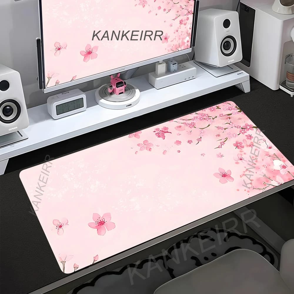 Tappetino per mouse con motivo floreale di ciliegio, grande tappetino da scrivania Sakura, base in gomma antiscivolo, bordi cuciti in tessuto morbido, tappetini da gioco