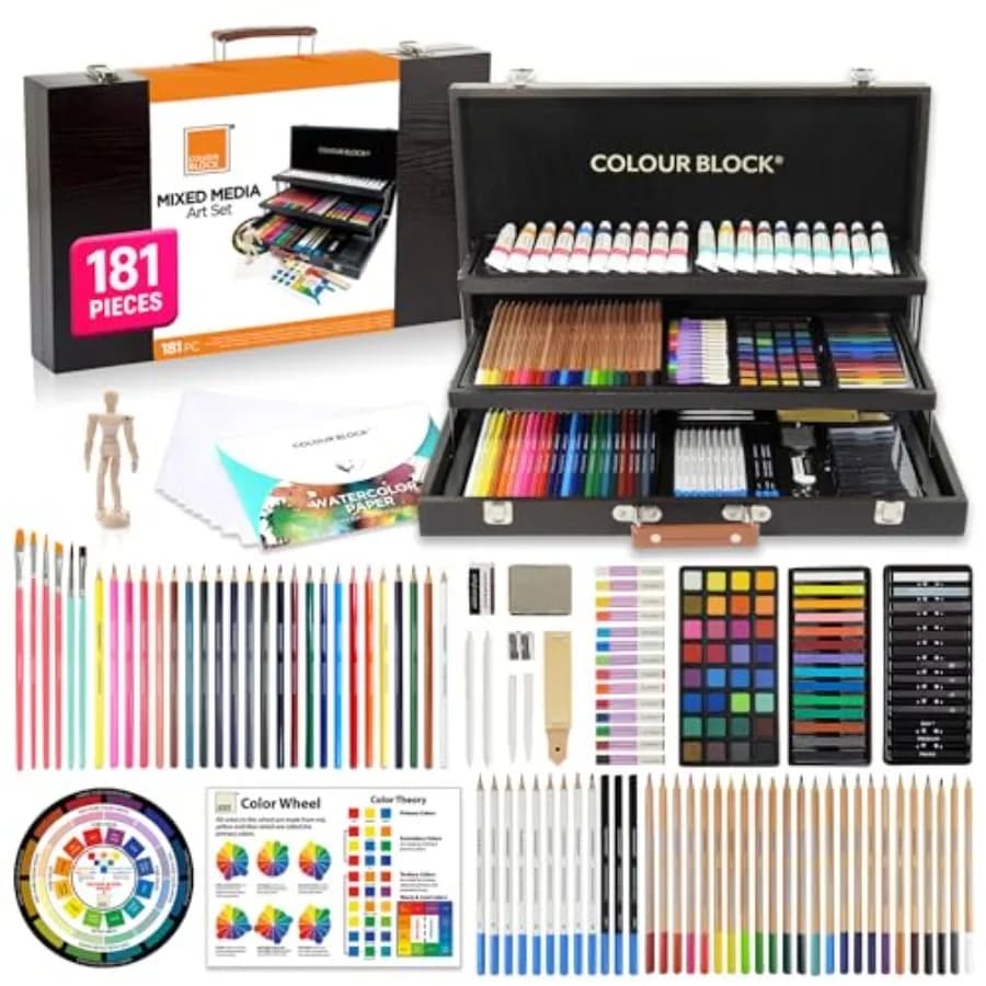 Set Artistico Misto da 181 Pezzi in Valigetta di Legno per Disegno, Schizzi e Pittura con Pastelli a Olio Morbidi, Colori Acrilici, Acquerelli e Matite