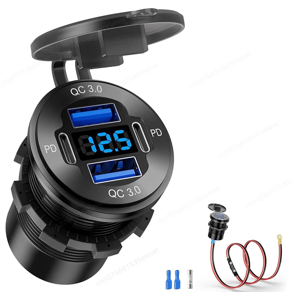 Presa USB 78W 12V con 4 Porte, Caricatore in Alluminio con Doppia Porta PD e Doppia Porta QC3.0, con Voltmetro, per Nautica, Autobus, Camion, Camper