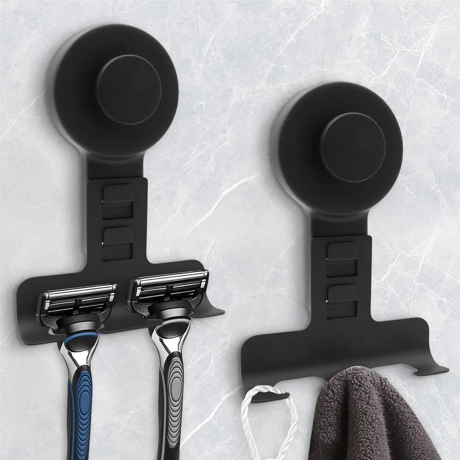 Suction Cup Razor Holder for Shower Wall 2 Pack, Heavy Duty 15lbs Hooks for Razor Towel Phone Loofah, Removable Metal Shower
