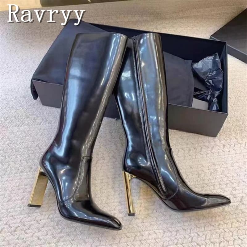 Stivali lunghi con tacco alto dorati in pelle nera Donna Inverno Nuovo punta quadrata Stivali alti al ginocchio con cerniera laterale Scarpe eleganti da festa di moda