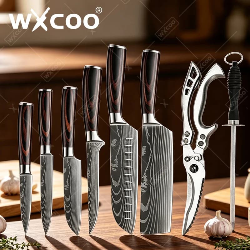WXCOO Professional Japanese Kitchen Knives Set Chef Knife Laser Damascus Pattern Stainless Steel Meat Cleaver Slicer Knife Tools