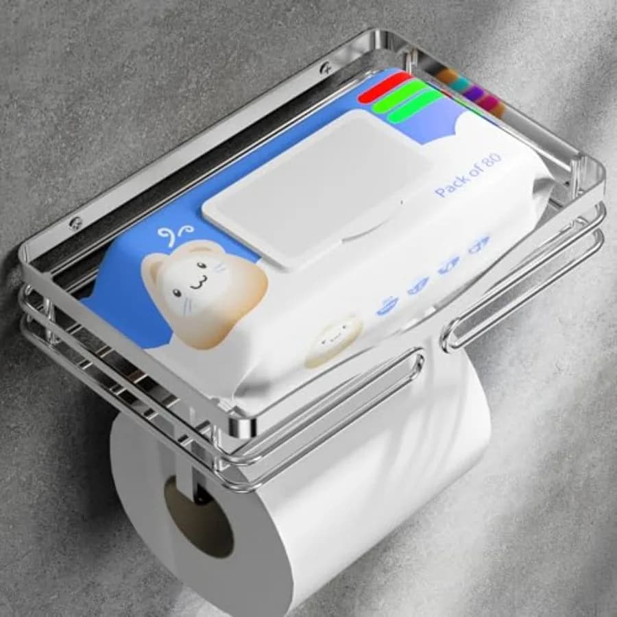 Toilet Paper Holder with Storage Shelf, Brushed, Drill-Free Mounting, Fits Costco Size Wet Wipes, for Small Bathroom and RV