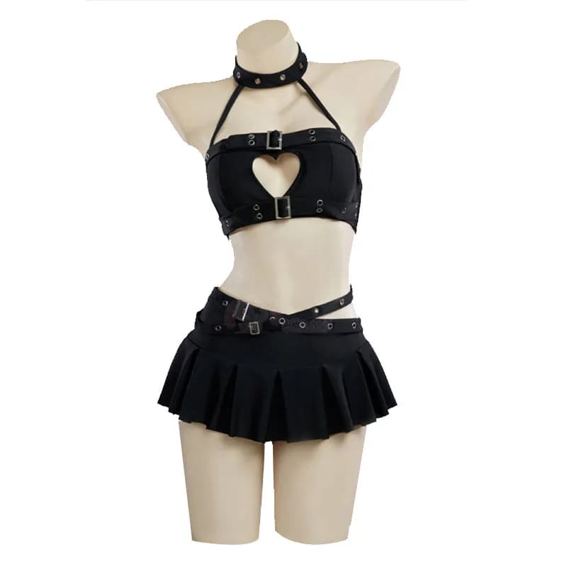 Heart Shaped punk gothic swimsuit with American woman's neckline, sexy black miniskirt in two pieces, beach bath set, Halloween carnival dresses