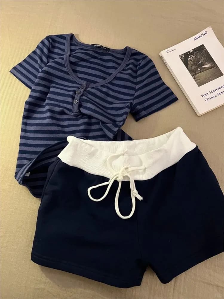 Vintage Navy Striped T-shirt Shorts Outfit Women O-neck Slim Cotton Tees+Straight Sweatshirt Sweet Cute Home 2 Pieces Set Y2K