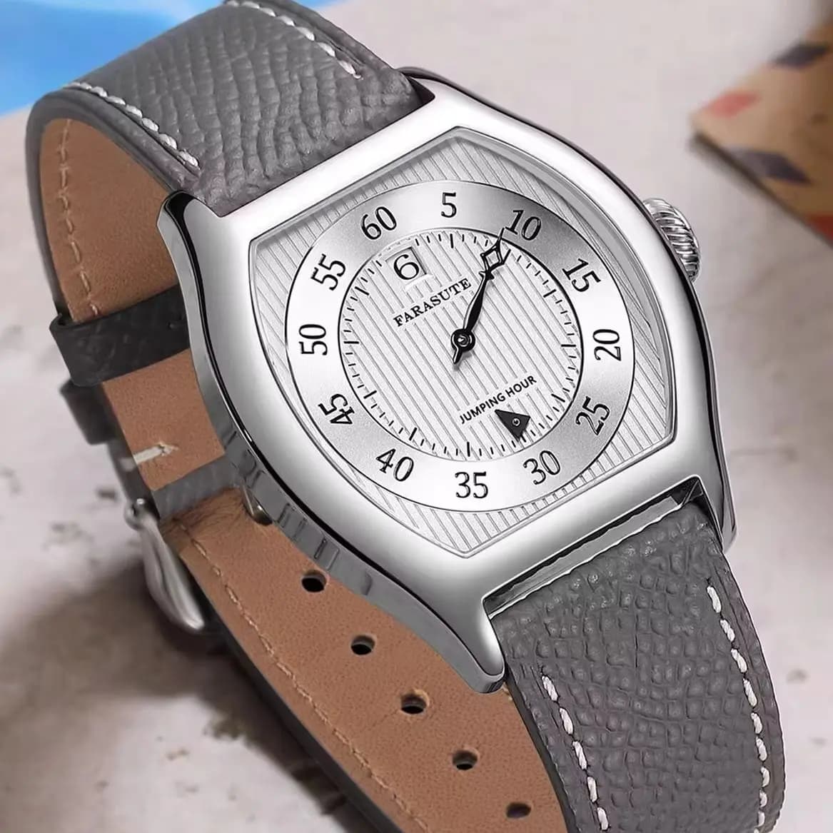 FARASUTE Men Automatic Watch 36mm Tonneau Jumping Hour Mechanical Wristwatch Sapphire Mirror 50m Waterproof ST17