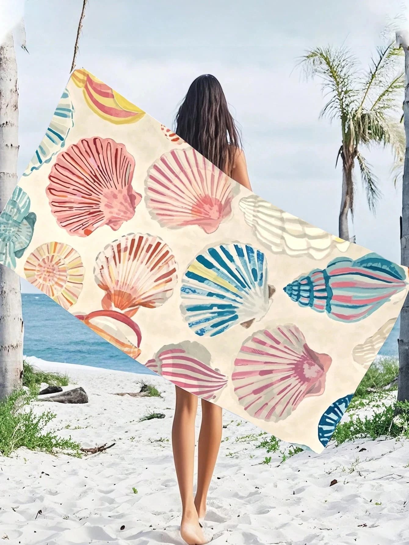 Telo Mare in Microfibra con Stampa 2D a Tema Conchiglie Acquerello, Monofacciale, Morbido, Asciugatura Rapida, per Piscina, Spiaggia, Viaggi, Decorazione Costiera, Regalo