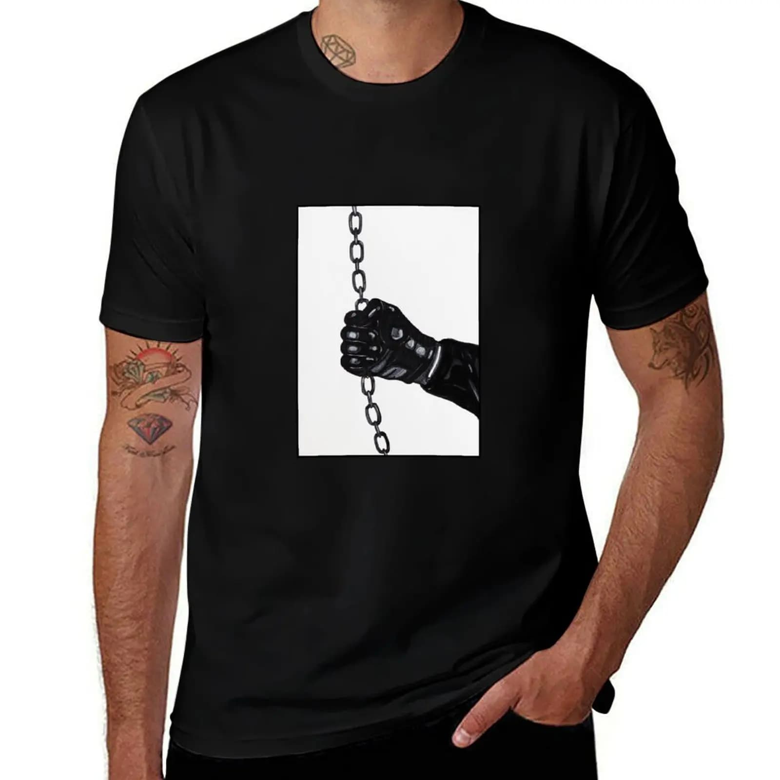 Lightweight Gym Training T-shirt with BDSM Design in Leather Gloves Chains